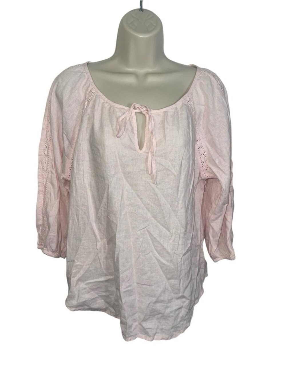 ROSE & THYME Women's Size Large Pink Linen Blend Blouse Keyhole Front